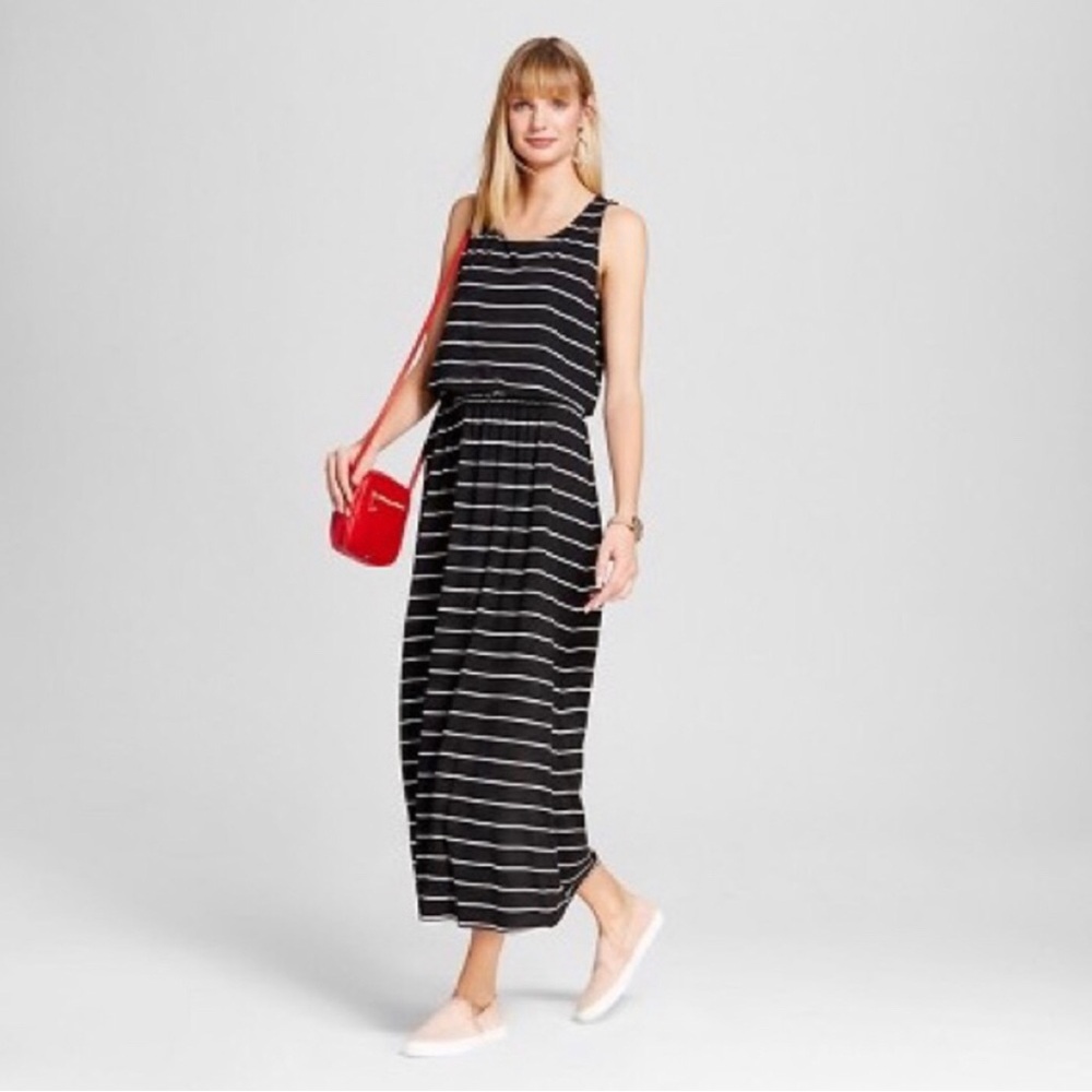 Merona Black Cream Striped Maxi Dress Tank Dress Stretch Pullover Womens Size L
